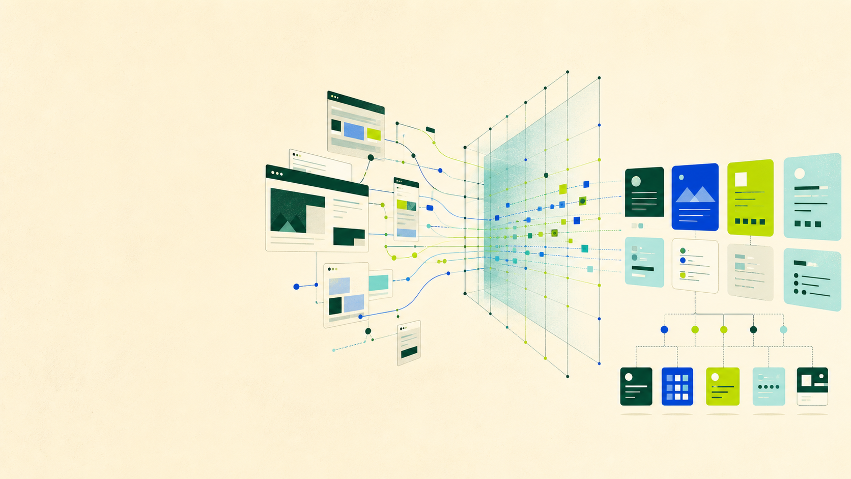 Web pages passing through a processing grid and becoming structured data cards